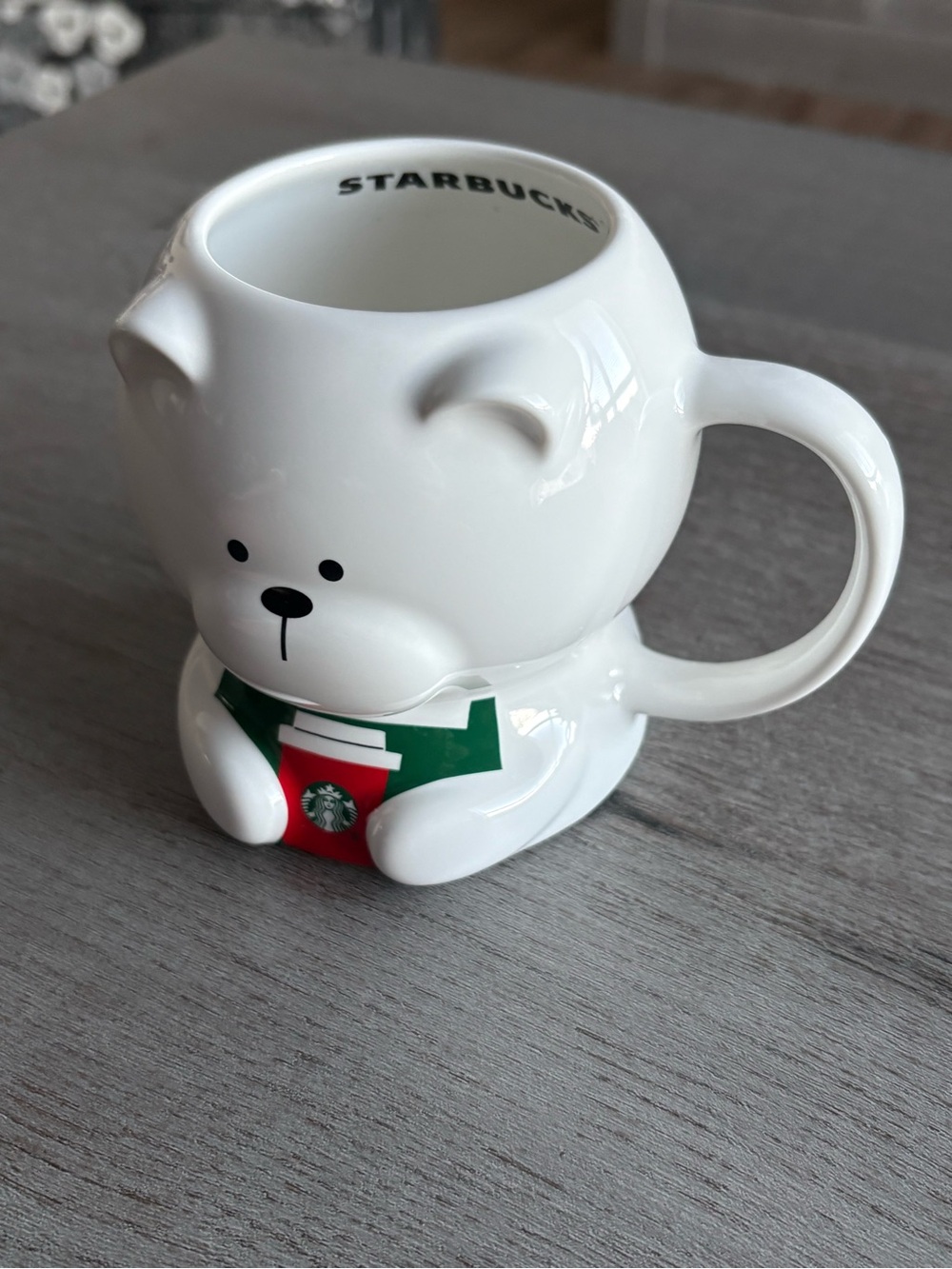 Starbucks White Bear Mug with Red and Green Holiday Sweater Accent